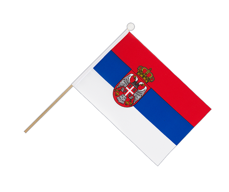 Drapeau Serbie avec blason sur hampe 15 x 22 cm