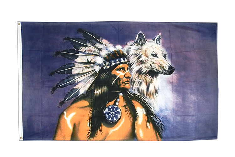 Indianer mit Wolf Flagge 90 x 150 cm