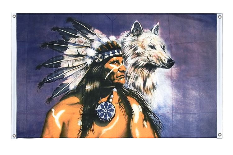 Indianer mit Wolf - Bannerfahne 90 x 150 cm, Querformat