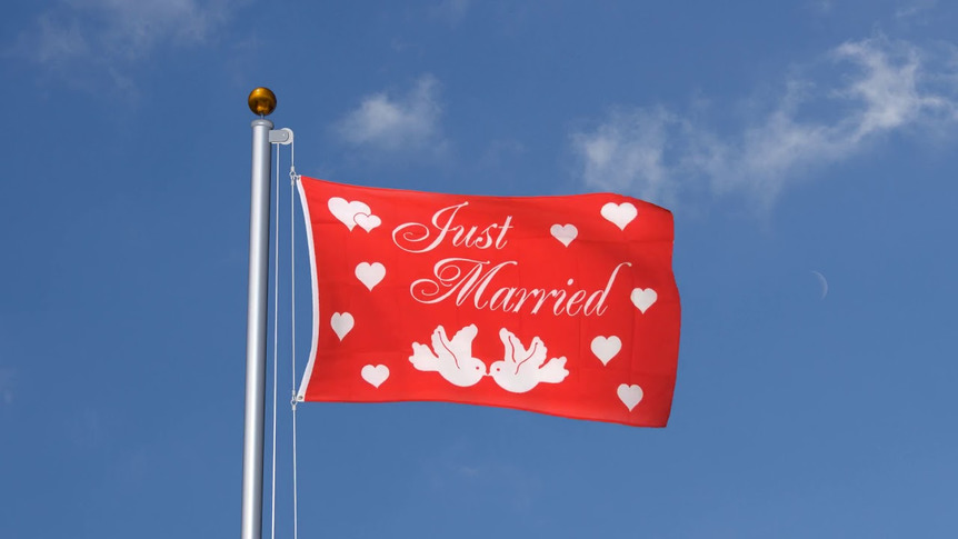 Mariage Just Married, rouge, écriture blanche - Drapeau 90 x 150 cm