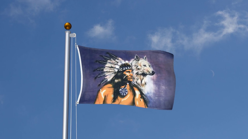 Indianer mit Wolf - Flagge 90 x 150 cm